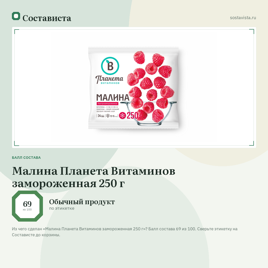 Малина Планета Витаминов замороженная 250 г: балл состава 69 из 100 — Состависта