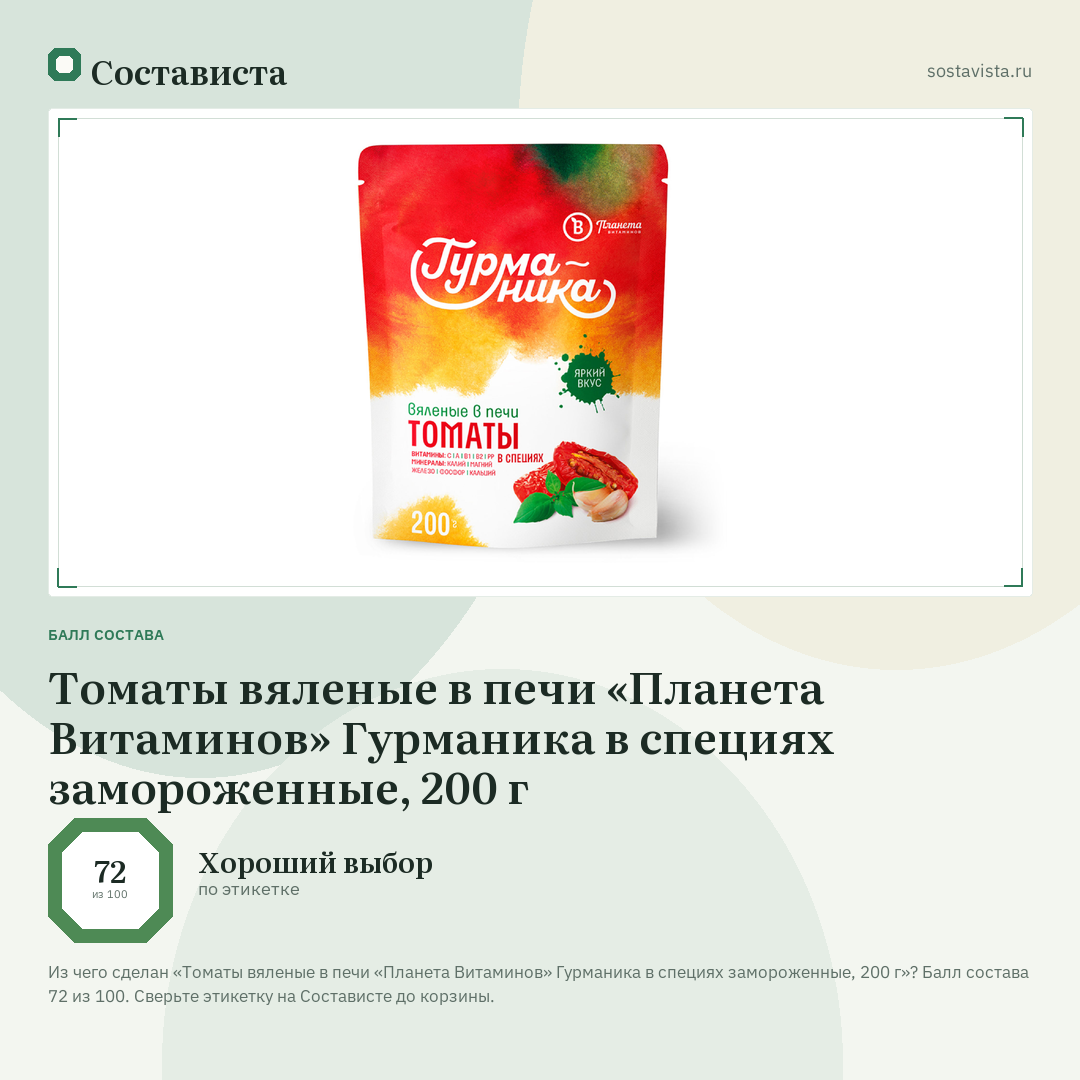 Томаты вяленые в печи «Планета Витаминов» Гурманика в специях замороженные, 200 г: балл состава 72 из 100 — Состависта
