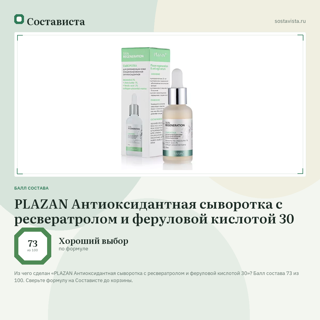 PLAZAN Антиоксидантная сыворотка с ресвератролом и феруловой кислотой 30: балл состава 73 из 100 — Состависта