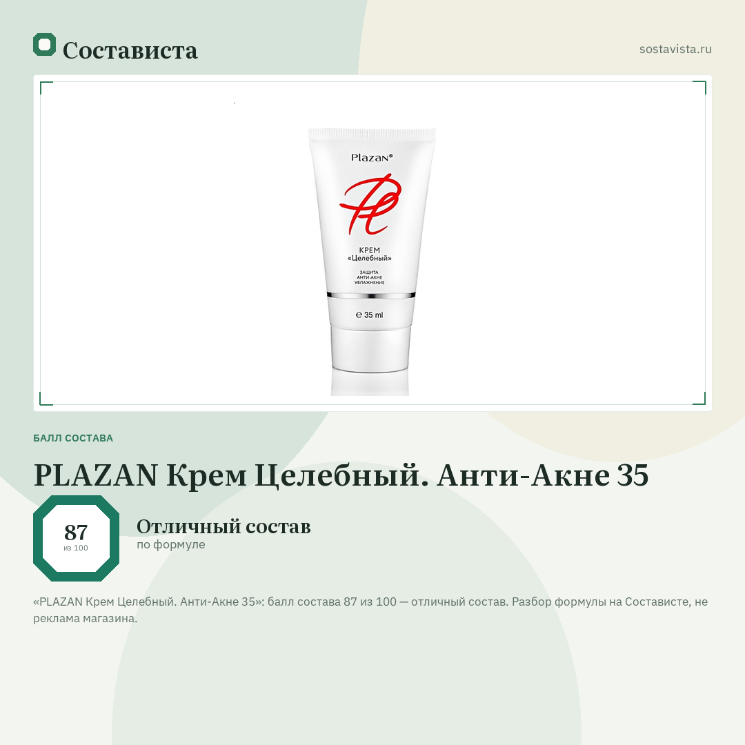 PLAZAN Крем Целебный. Анти-Акне 35: балл состава 87 из 100 — Состависта