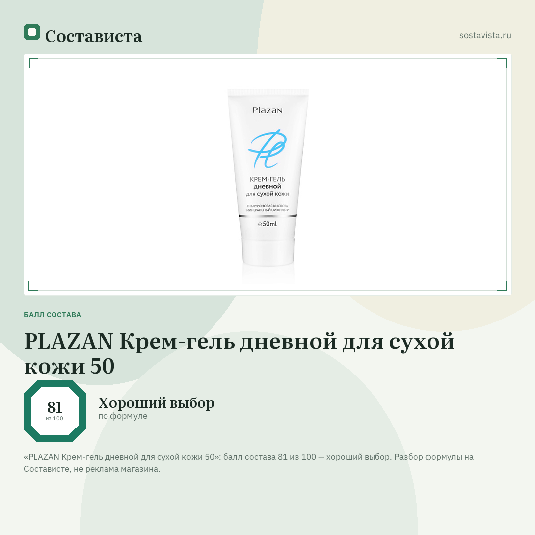 PLAZAN Крем-гель дневной для сухой кожи 50: балл состава 81 из 100 — Состависта