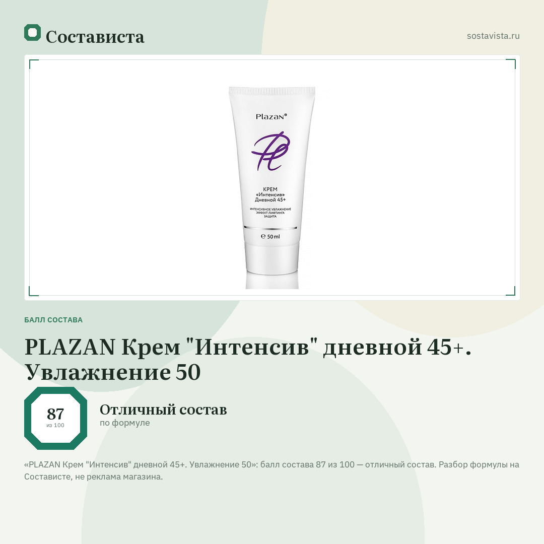 PLAZAN Крем "Интенсив" дневной 45+. Увлажнение 50: балл состава 87 из 100 — Состависта