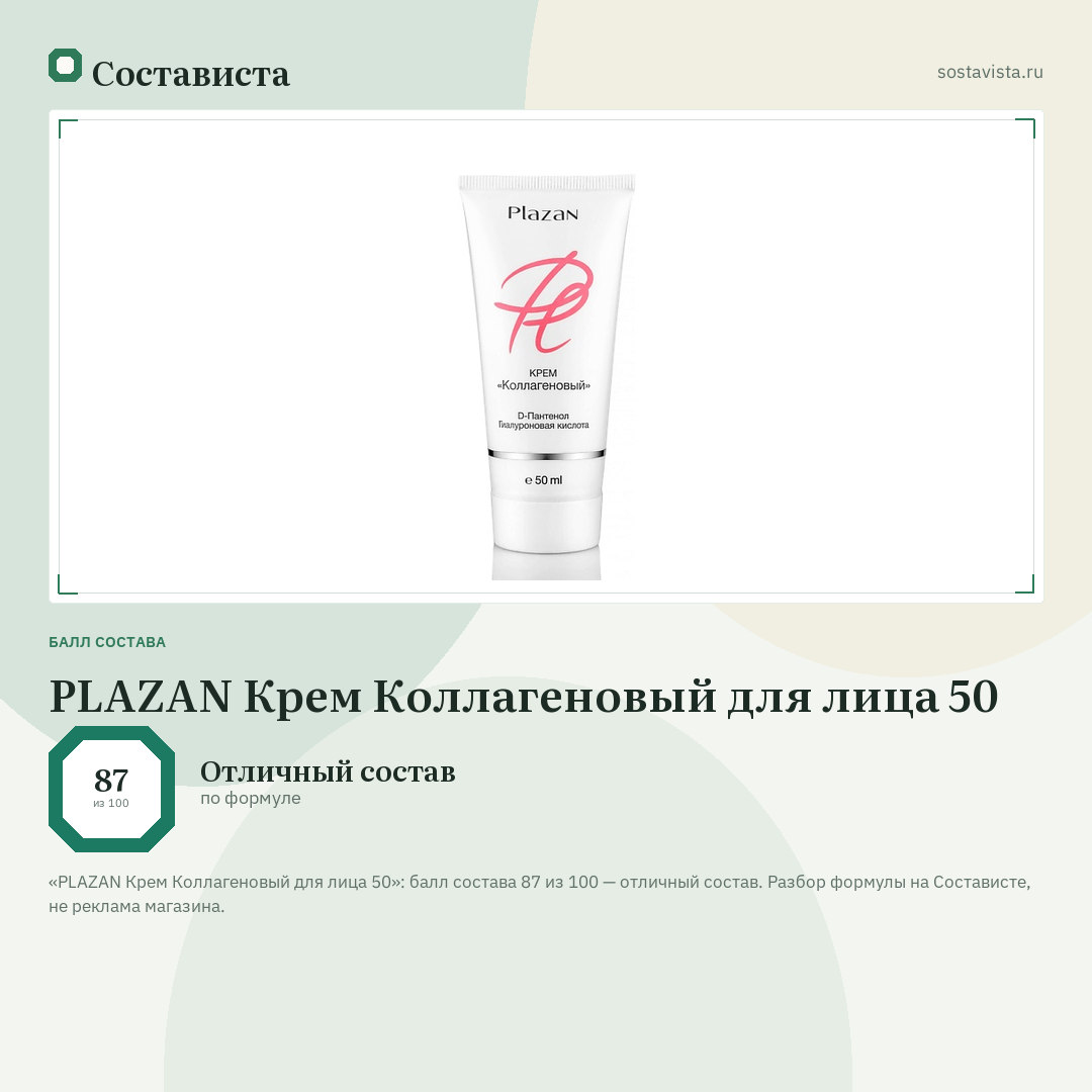 PLAZAN Крем Коллагеновый для лица 50: балл состава 87 из 100 — Состависта