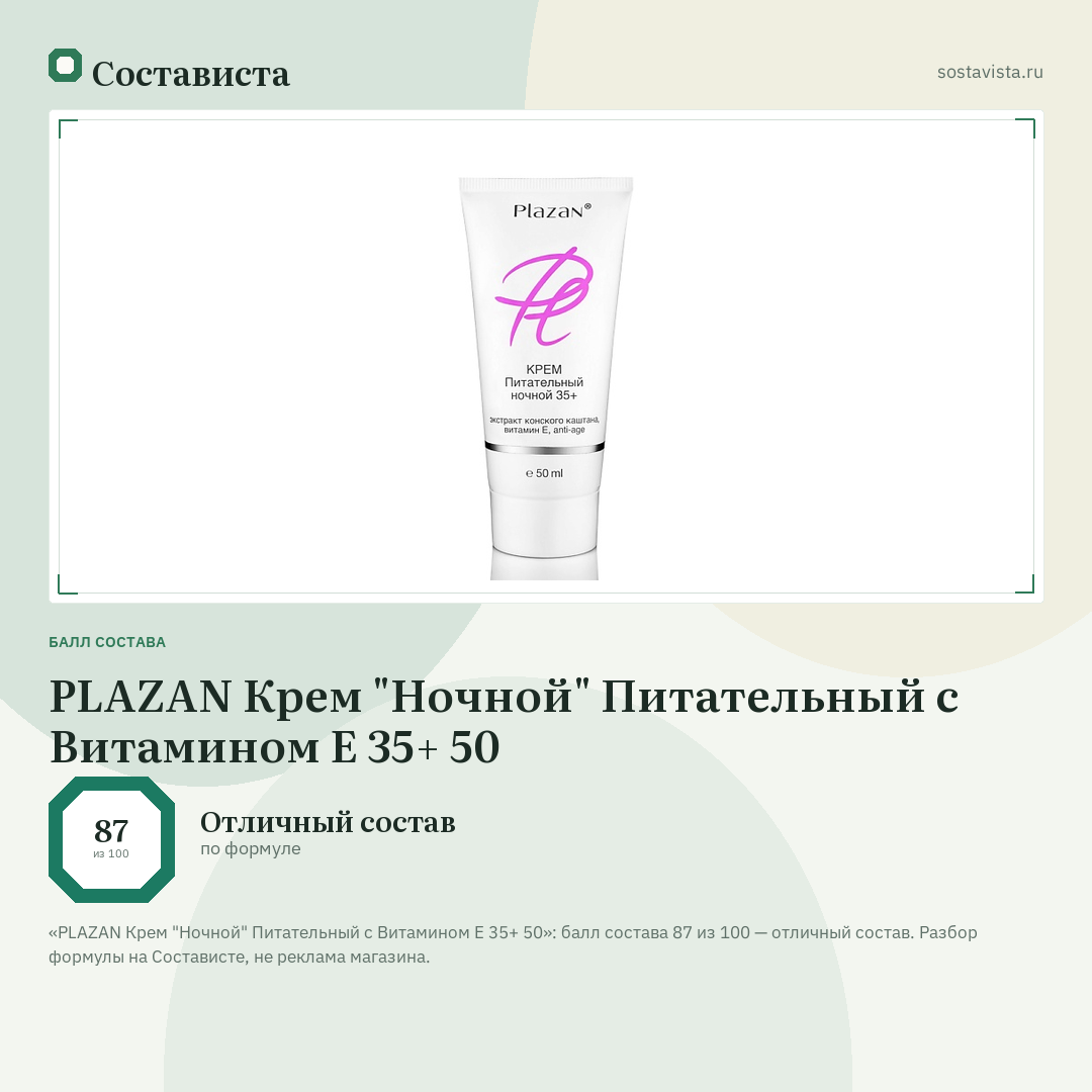 PLAZAN Крем "Ночной" Питательный с Витамином Е 35+ 50: балл состава 87 из 100 — Состависта