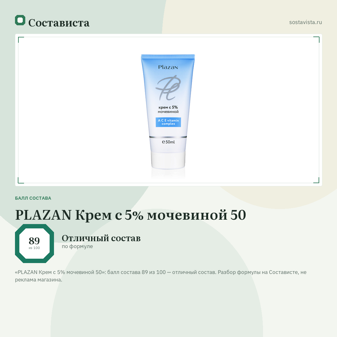 PLAZAN Крем с 5% мочевиной 50: балл состава 89 из 100 — Состависта