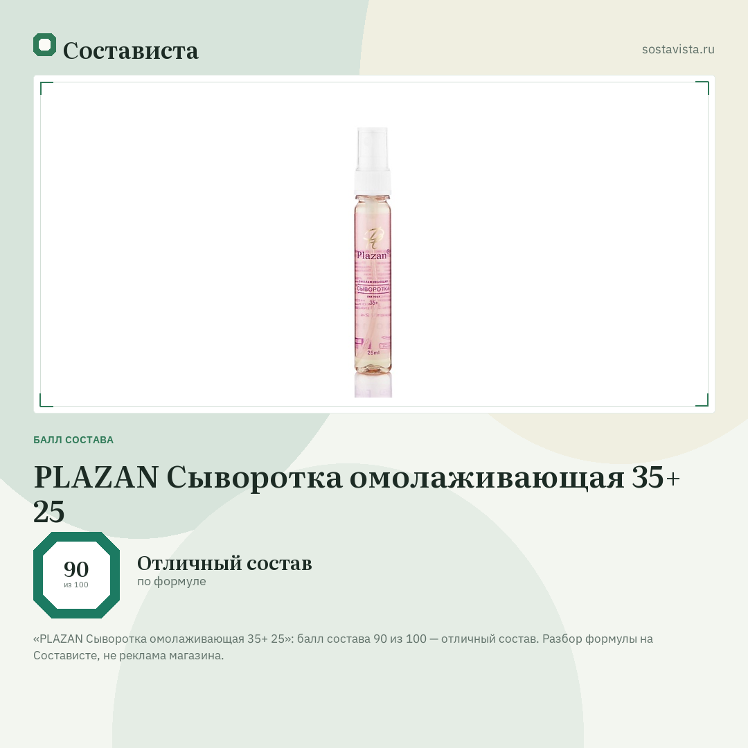 PLAZAN Сыворотка омолаживающая 35+ 25: балл состава 90 из 100 — Состависта