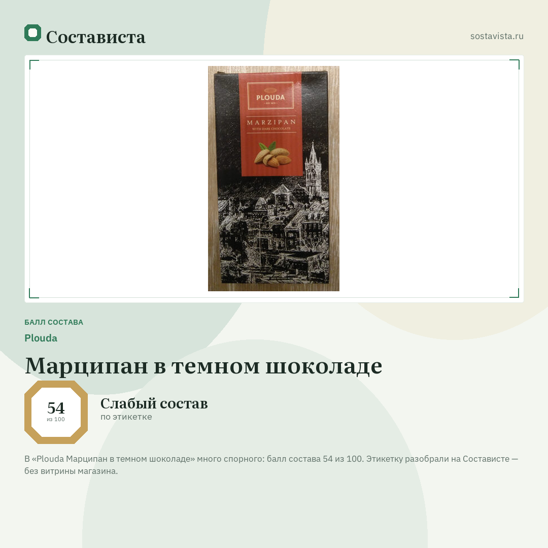 Plouda Марципан в темном шоколаде: балл состава 54 из 100 — Состависта