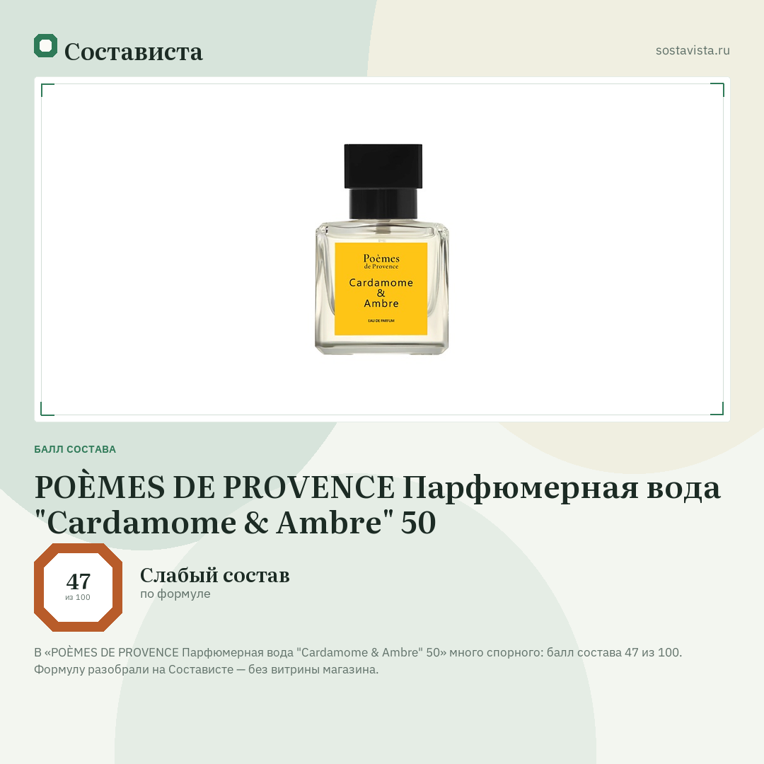 POÈMES DE PROVENCE Парфюмерная вода "Cardamome & Ambre" 50: балл состава 47 из 100 — Состависта