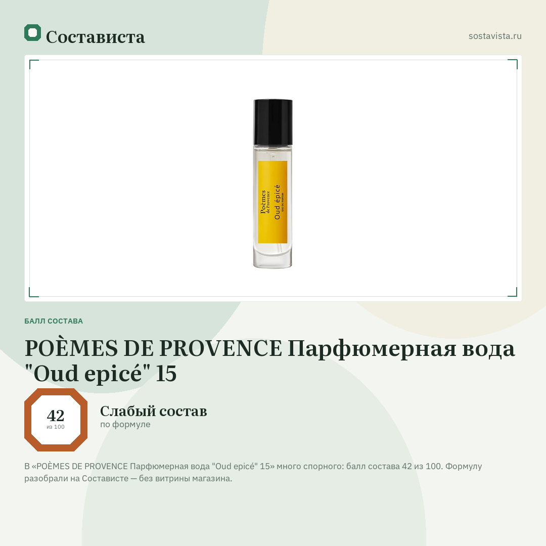 POÈMES DE PROVENCE Парфюмерная вода "Oud epicé" 15: балл состава 42 из 100 — Состависта