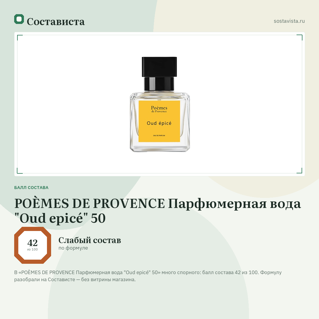 POÈMES DE PROVENCE Парфюмерная вода "Oud epicé" 50: балл состава 42 из 100 — Состависта