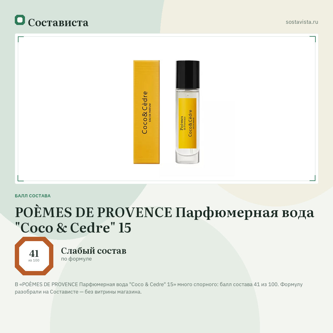 POÈMES DE PROVENCE Парфюмерная вода "Сoco & Cedre" 15: балл состава 41 из 100 — Состависта