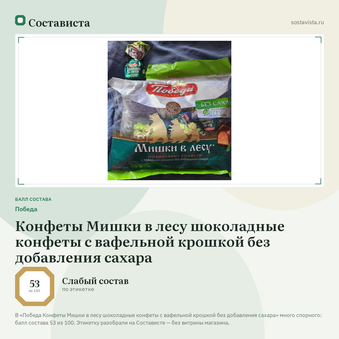 Победа Конфеты Мишки в лесу шоколадные конфеты с вафельной крошкой без добавления сахара: балл состава 53 из 100 — Состависта