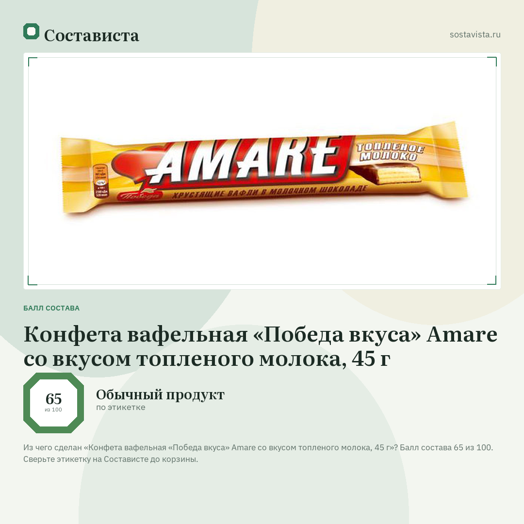 Конфета вафельная «Победа вкуса» Amare со вкусом топленого молока, 45 г: балл состава 65 из 100 — Состависта