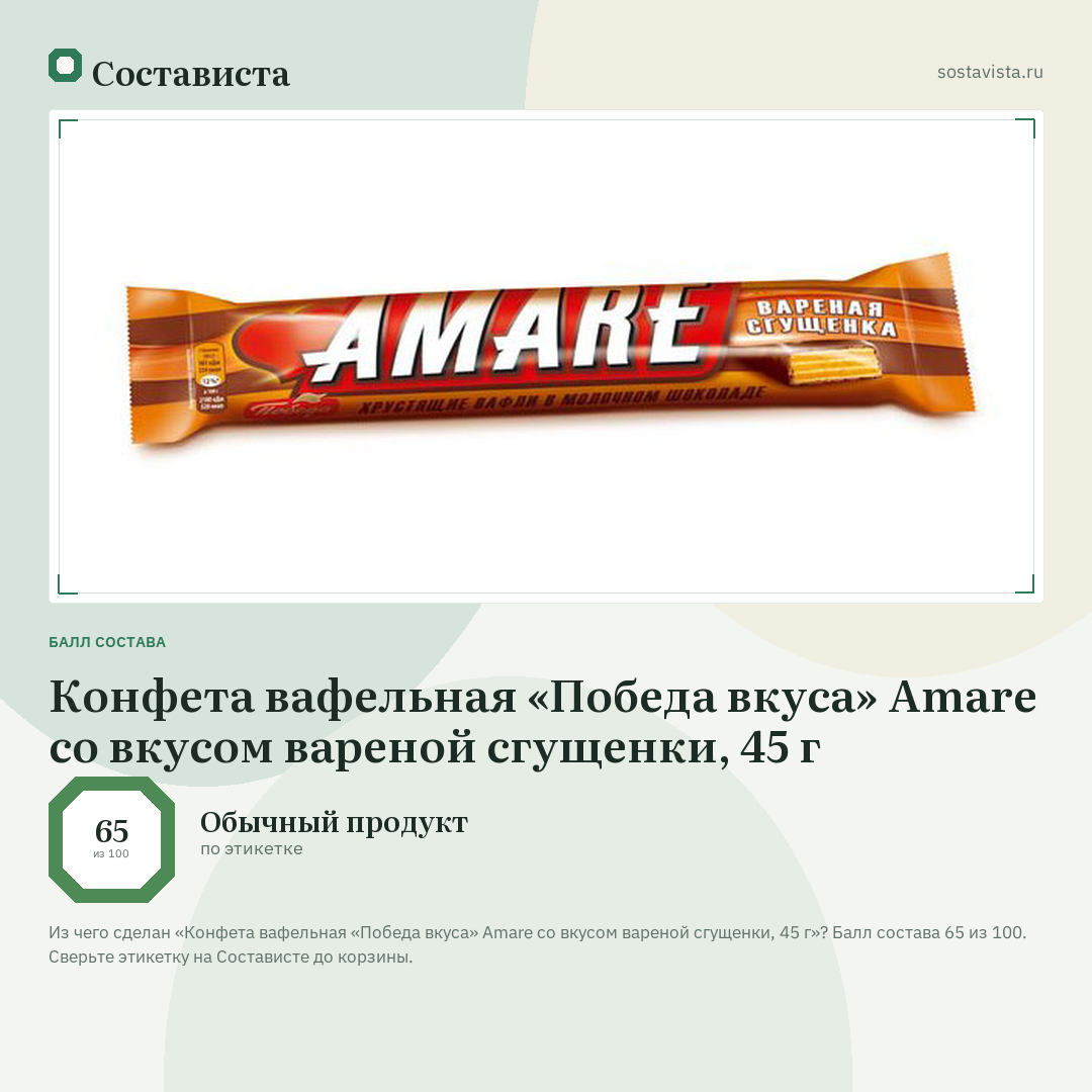 Конфета вафельная «Победа вкуса» Amare со вкусом вареной сгущенки, 45 г: балл состава 65 из 100 — Состависта