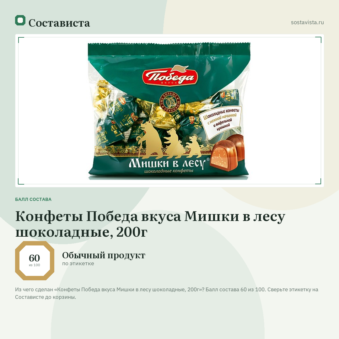 Конфеты Победа вкуса Мишки в лесу шоколадные, 200г: балл состава 60 из 100 — Состависта