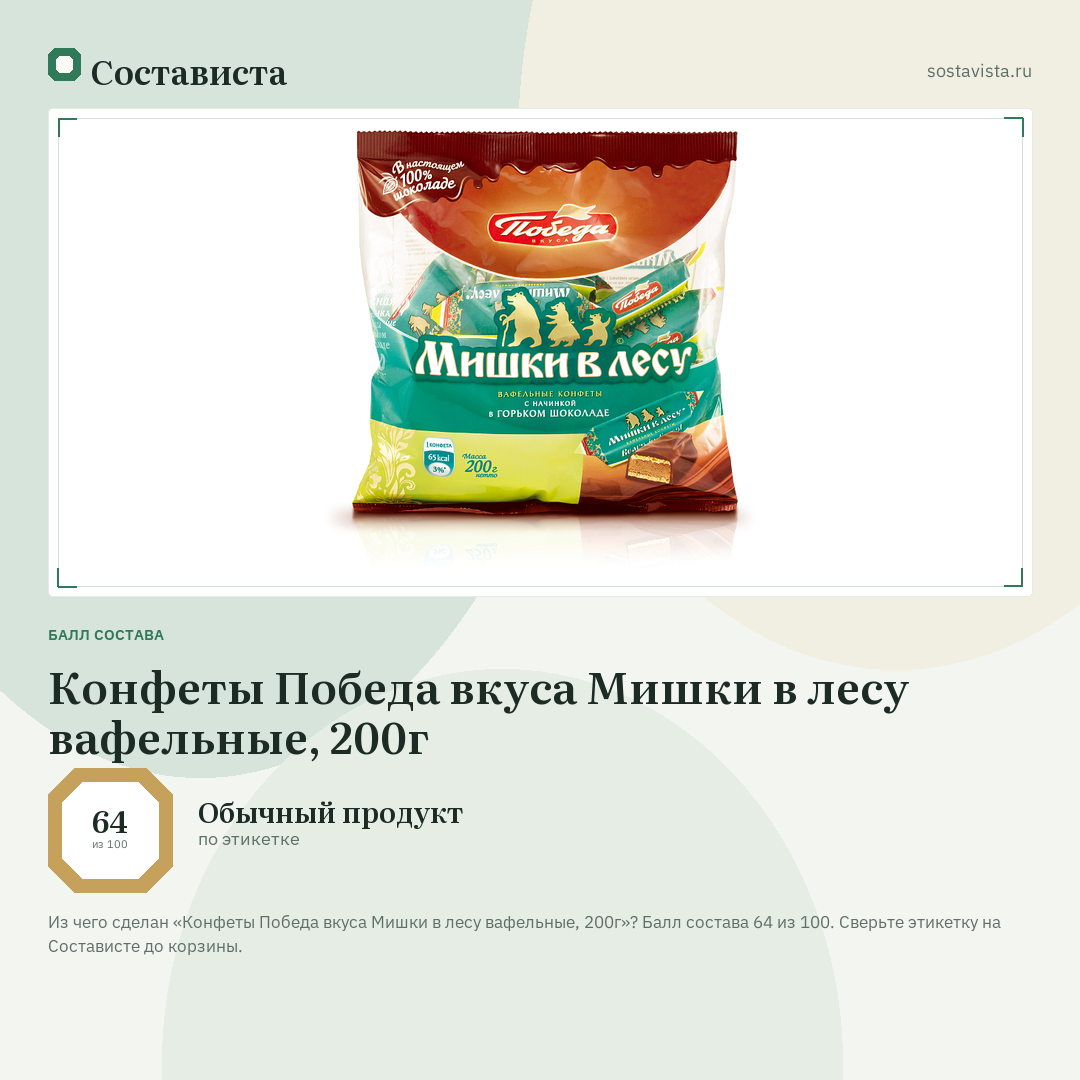 Конфеты Победа вкуса Мишки в лесу вафельные, 200г: балл состава 64 из 100 — Состависта
