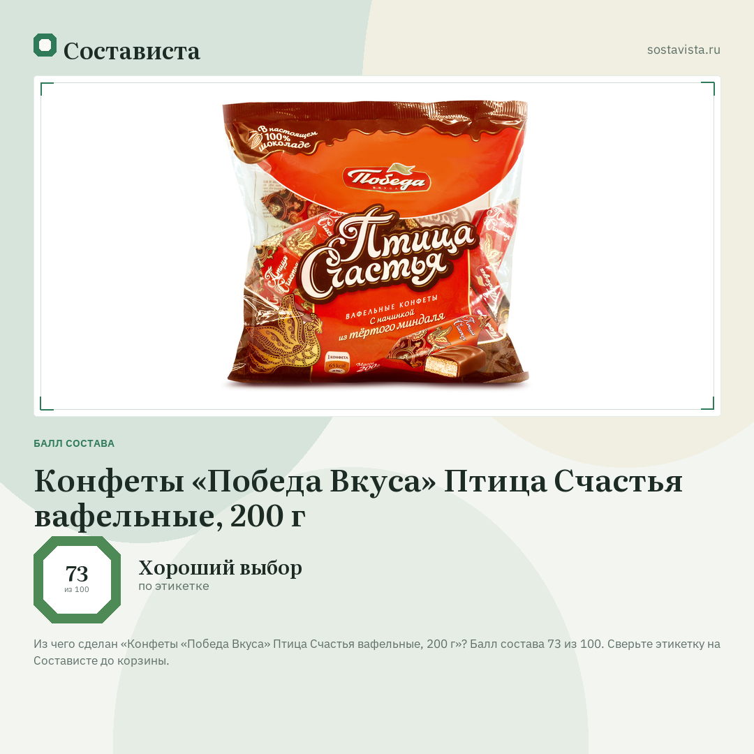 Конфеты «Победа Вкуса» Птица Счастья вафельные, 200 г: балл состава 73 из 100 — Состависта