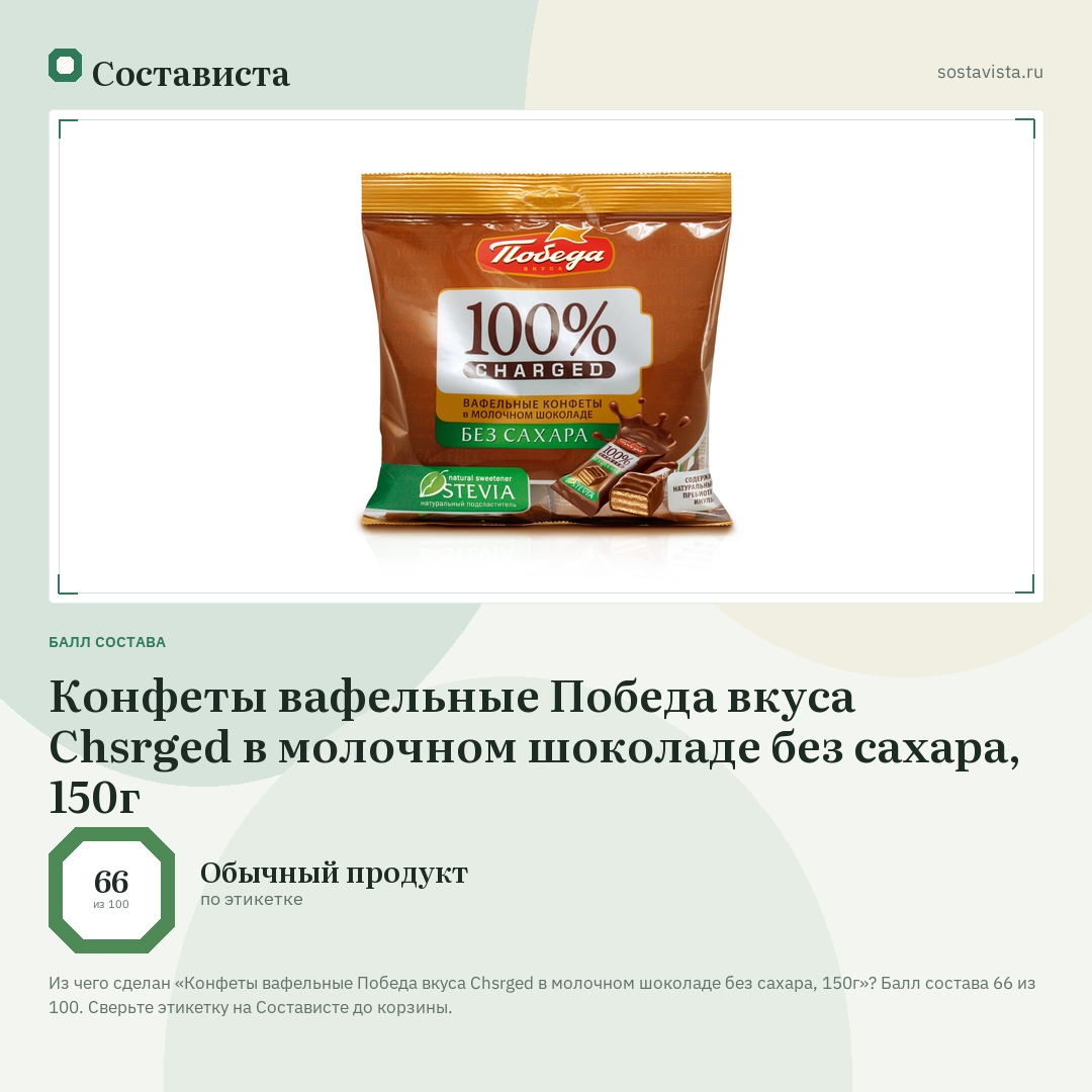 Конфеты вафельные Победа вкуса Chsrged в молочном шоколаде без сахара, 150г: балл состава 66 из 100 — Состависта