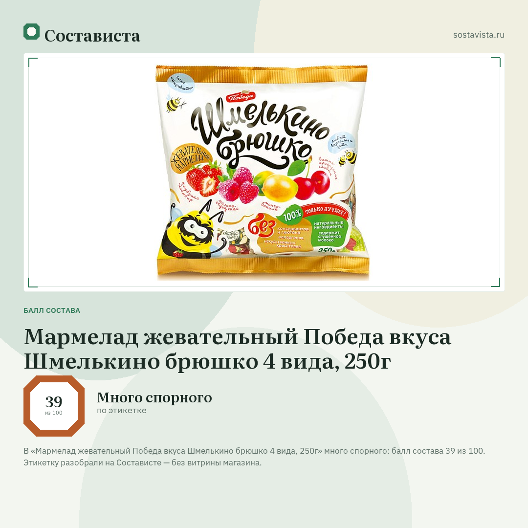 Мармелад жевательный Победа вкуса Шмелькино брюшко 4 вида, 250г: балл состава 39 из 100 — Состависта