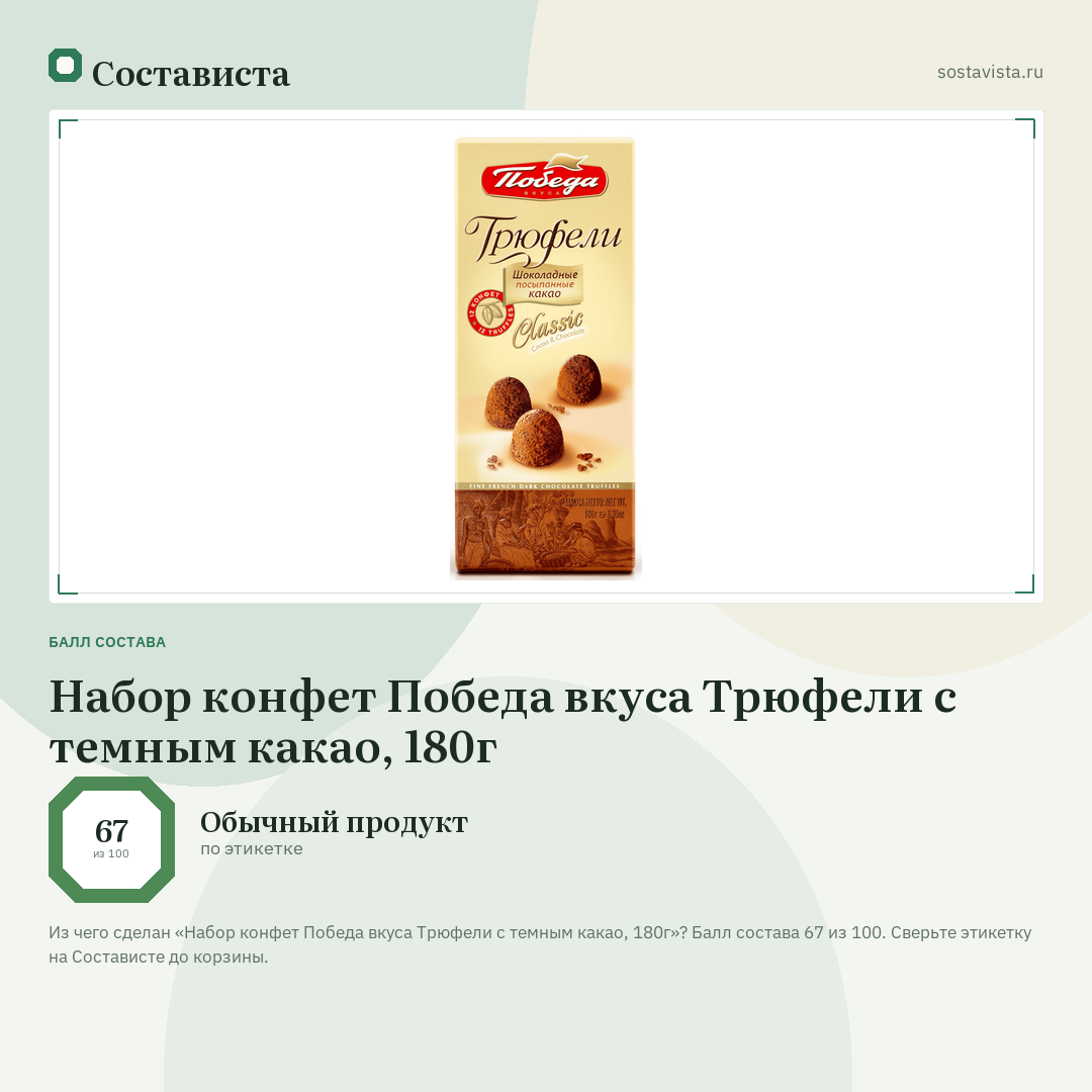 Набор конфет Победа вкуса Трюфели с темным какао, 180г: балл состава 67 из 100 — Состависта