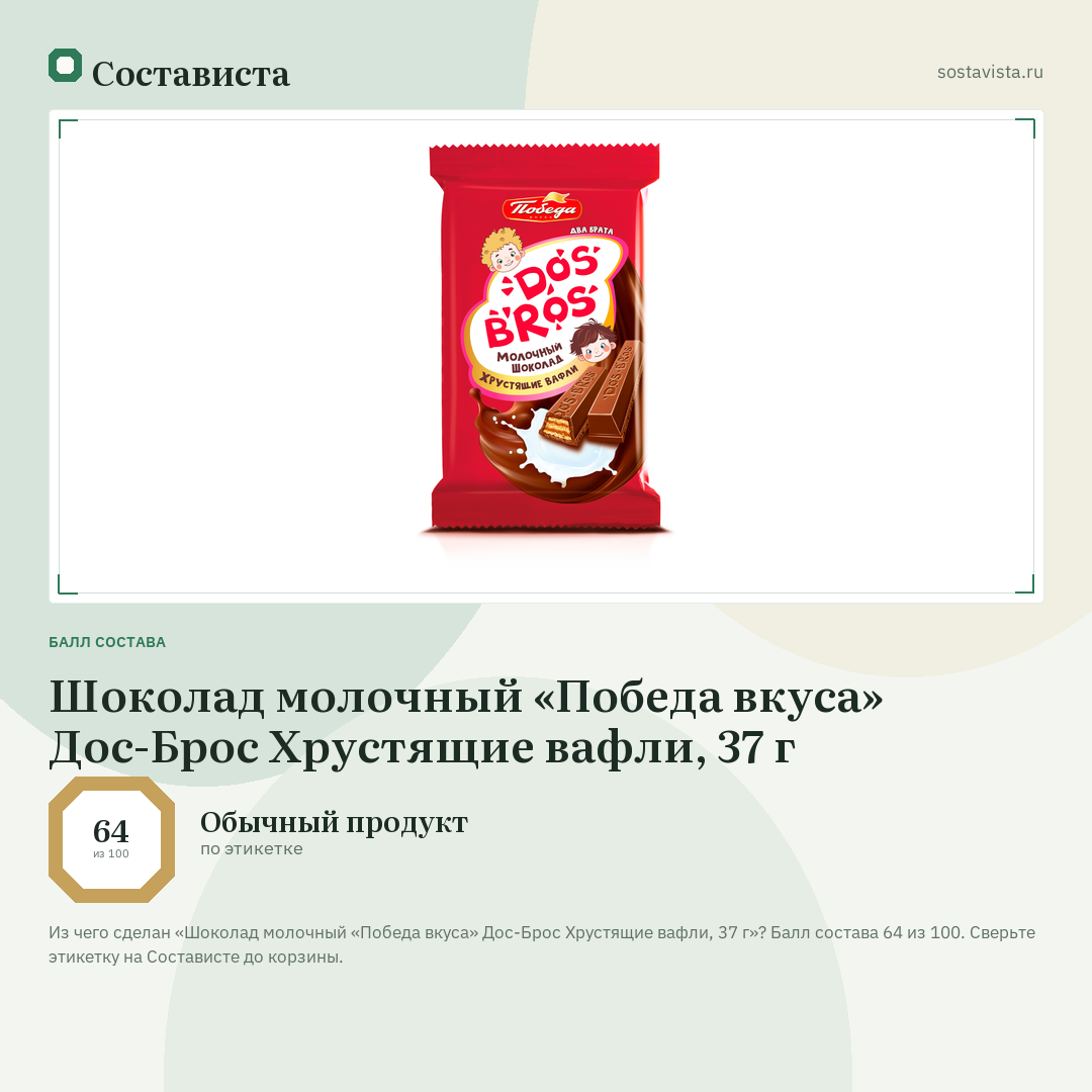 Шоколад молочный «Победа вкуса» Дос-Брос Хрустящие вафли, 37 г: балл состава 64 из 100 — Состависта
