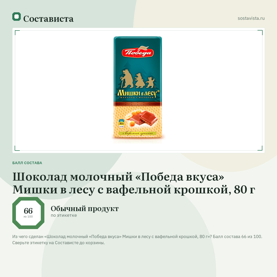 Шоколад молочный «Победа вкуса» Мишки в лесу с вафельной крошкой, 80 г: балл состава 66 из 100 — Состависта