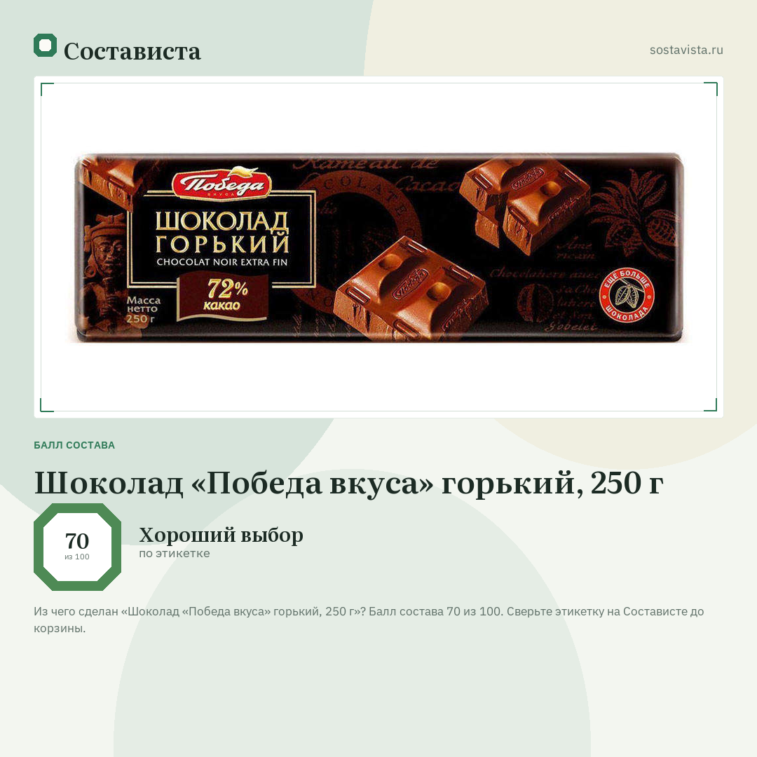 Шоколад «Победа вкуса» горький, 250 г: балл состава 70 из 100 — Состависта