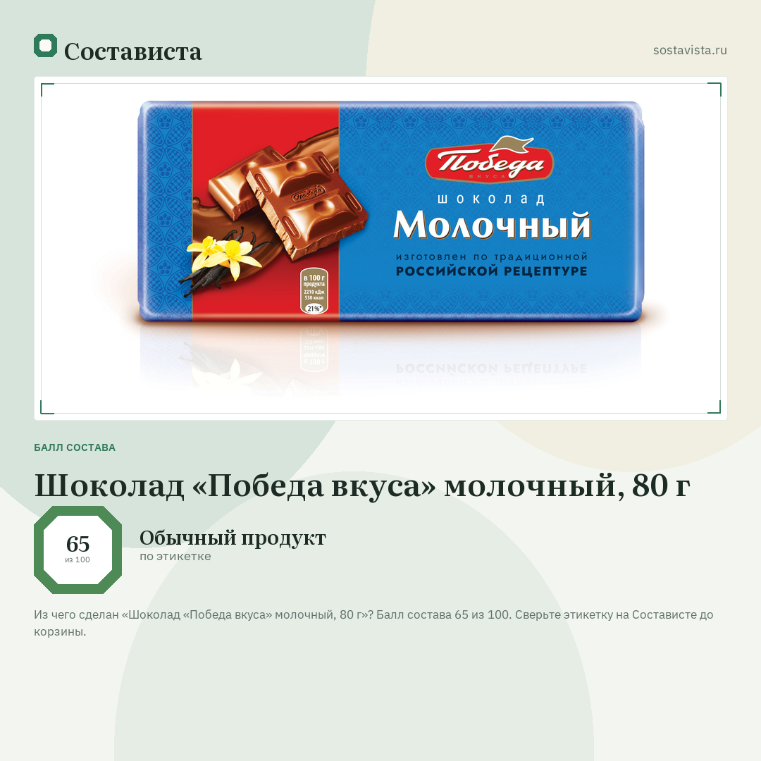 Шоколад «Победа вкуса» молочный, 80 г: балл состава 65 из 100 — Состависта