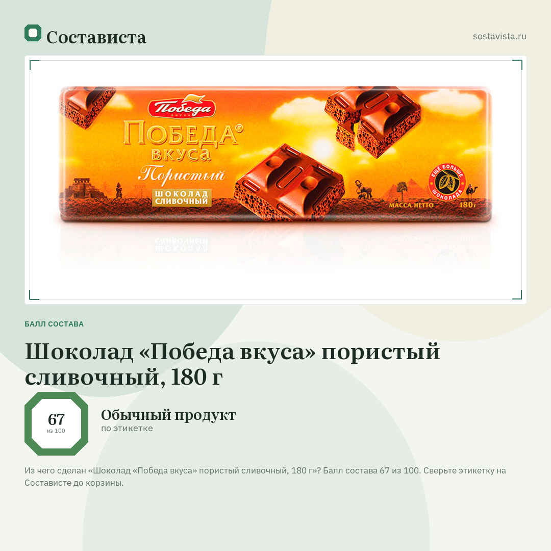 Шоколад «Победа вкуса» пористый сливочный, 180 г: балл состава 67 из 100 — Состависта