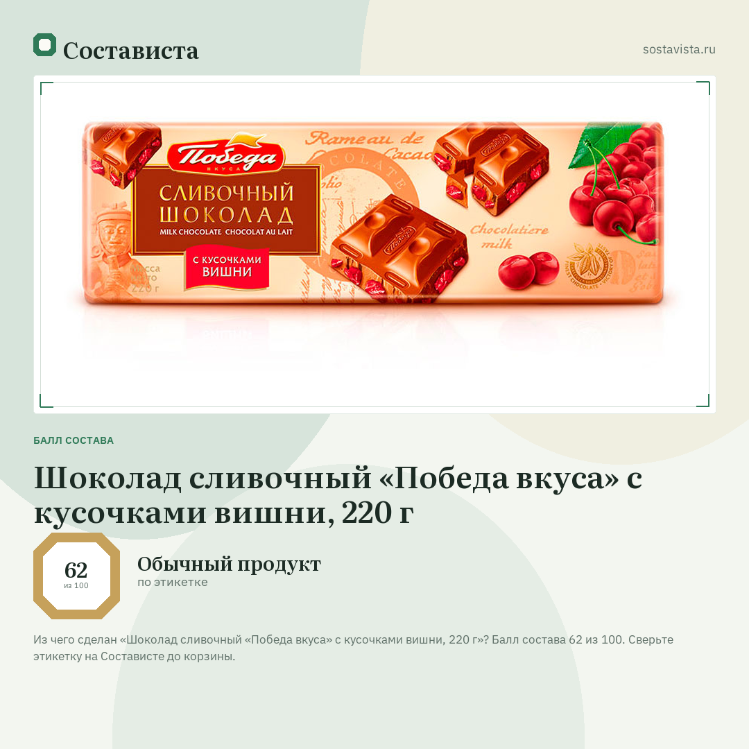 Шоколад сливочный «Победа вкуса» с кусочками вишни, 220 г: балл состава 62 из 100 — Состависта