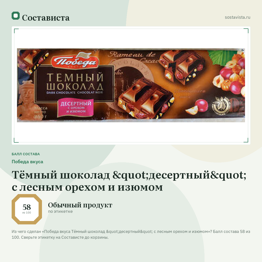 Победа вкуса Тёмный шоколад "десертный" с лесным орехом и изюмом: балл состава 58 из 100 — Состависта
