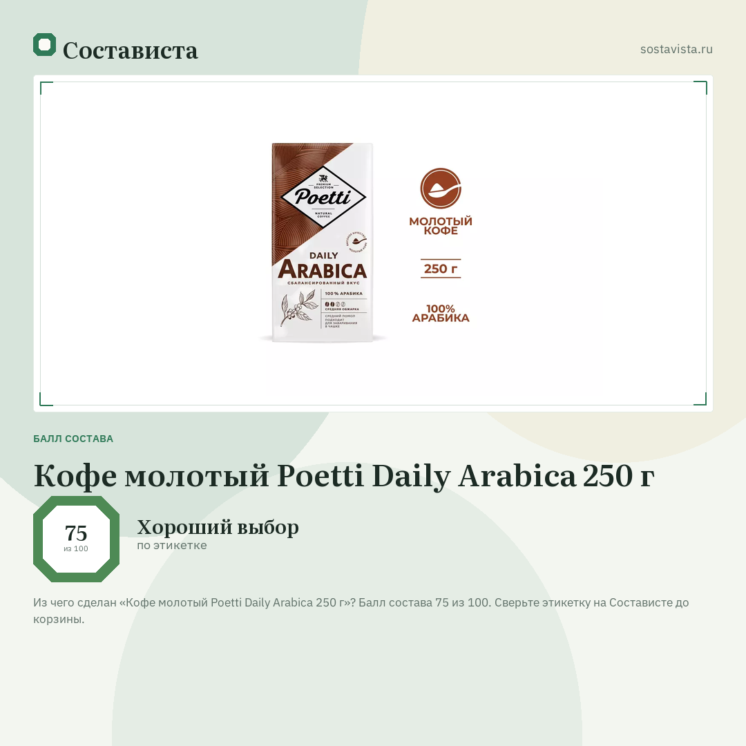Кофе молотый Poetti Daily Arabica 250 г: балл состава 75 из 100 — Состависта