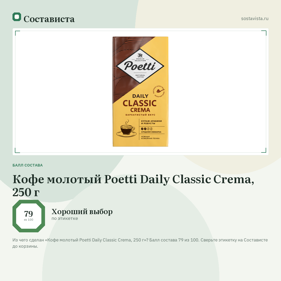 Кофе молотый Poetti Daily Classic Crema, 250 г: балл состава 79 из 100 — Состависта