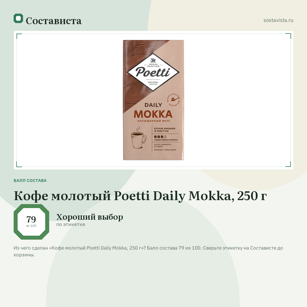 Кофе молотый Poetti Daily Mokka, 250 г: балл состава 79 из 100 — Состависта
