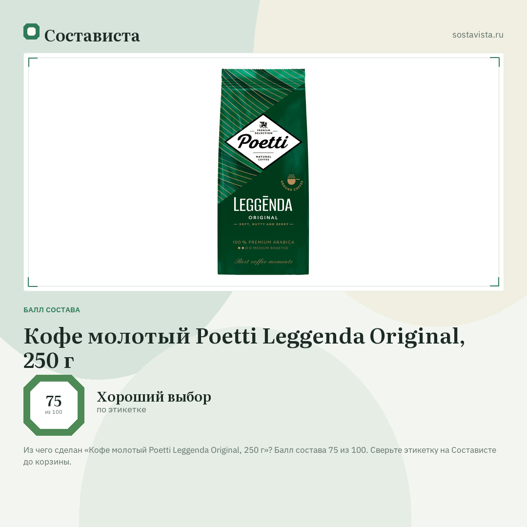 Кофе молотый Poetti Leggenda Original, 250 г: балл состава 75 из 100 — Состависта