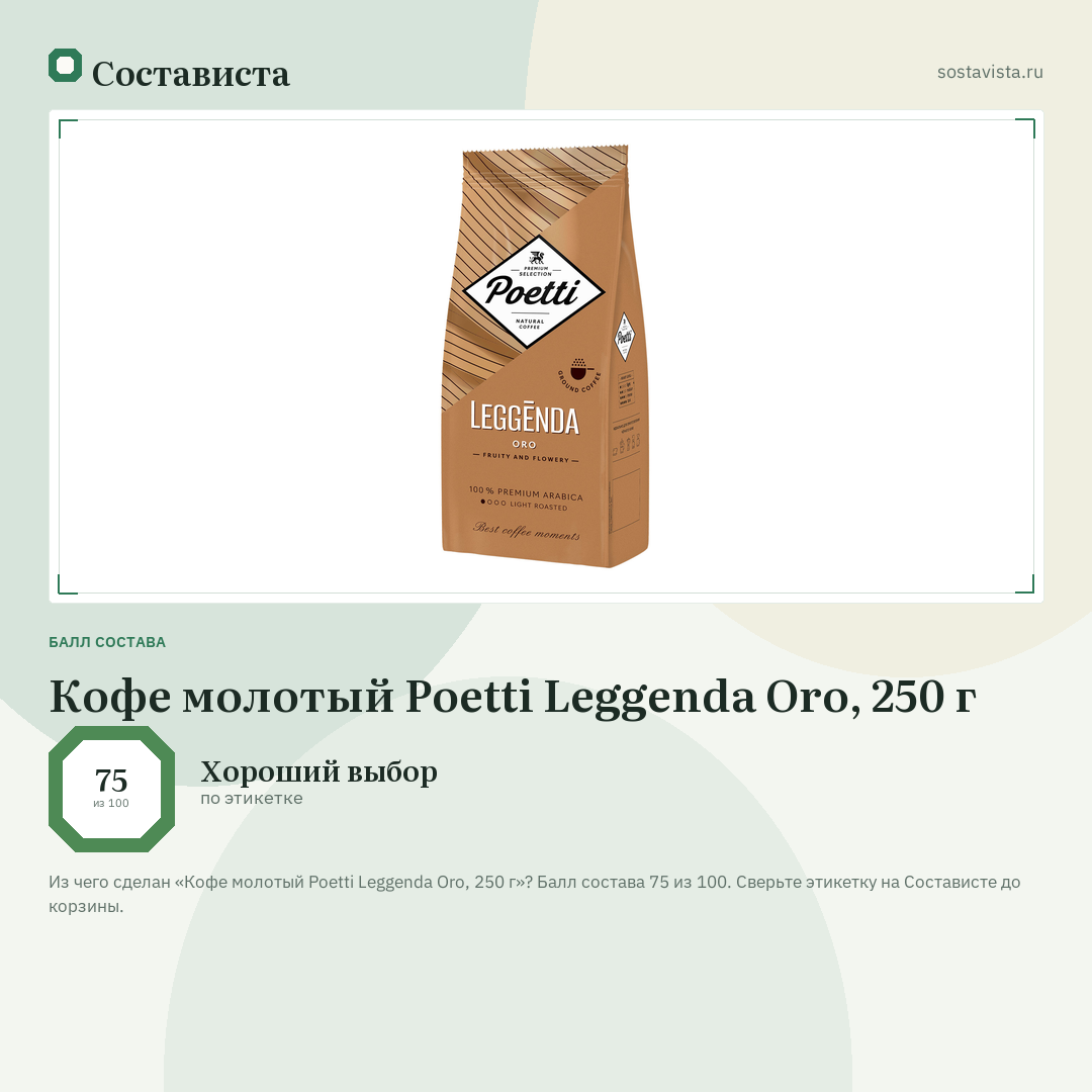 Кофе молотый Poetti Leggenda Oro, 250 г: балл состава 75 из 100 — Состависта