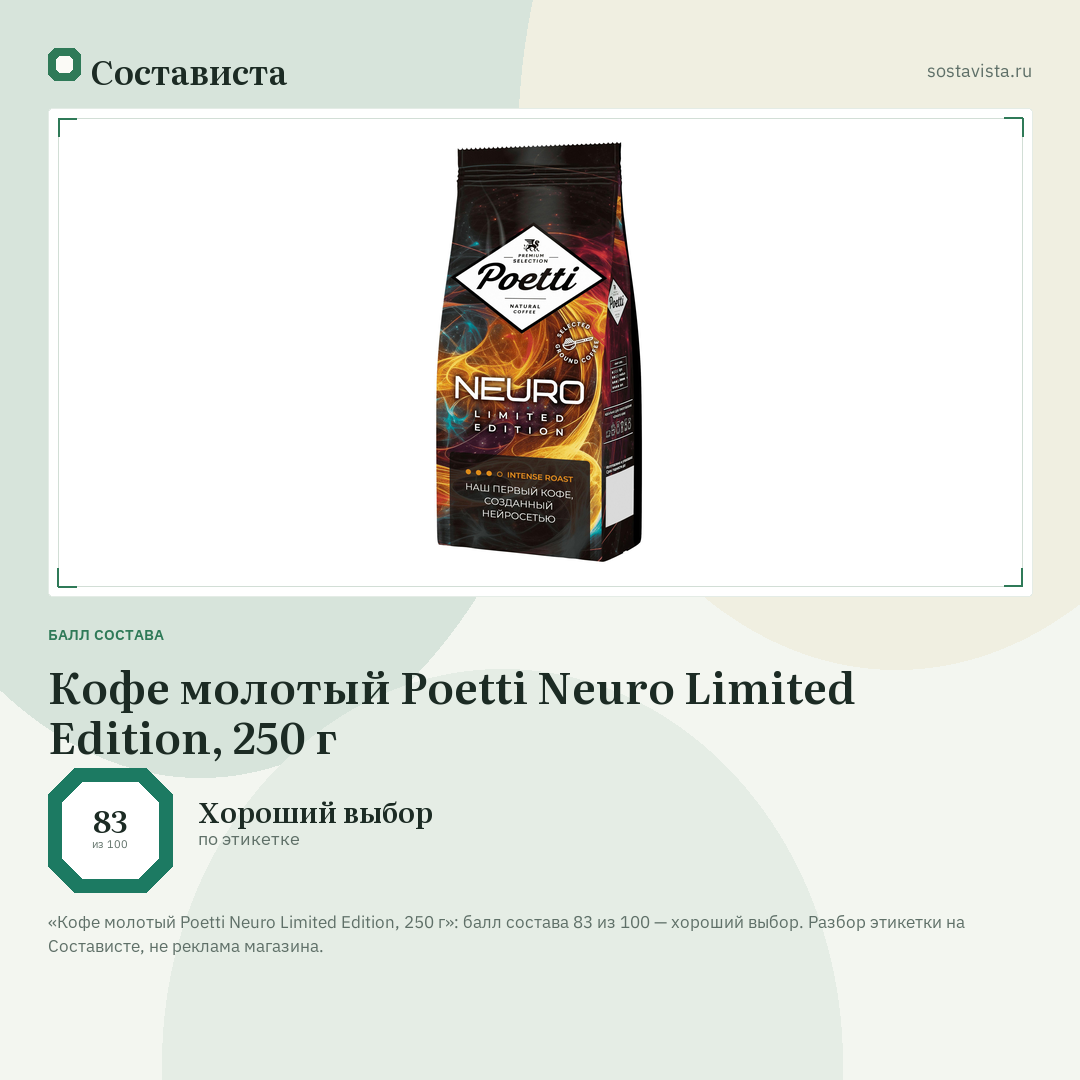 Кофе молотый Poetti Neuro Limited Edition, 250 г: балл состава 83 из 100 — Состависта