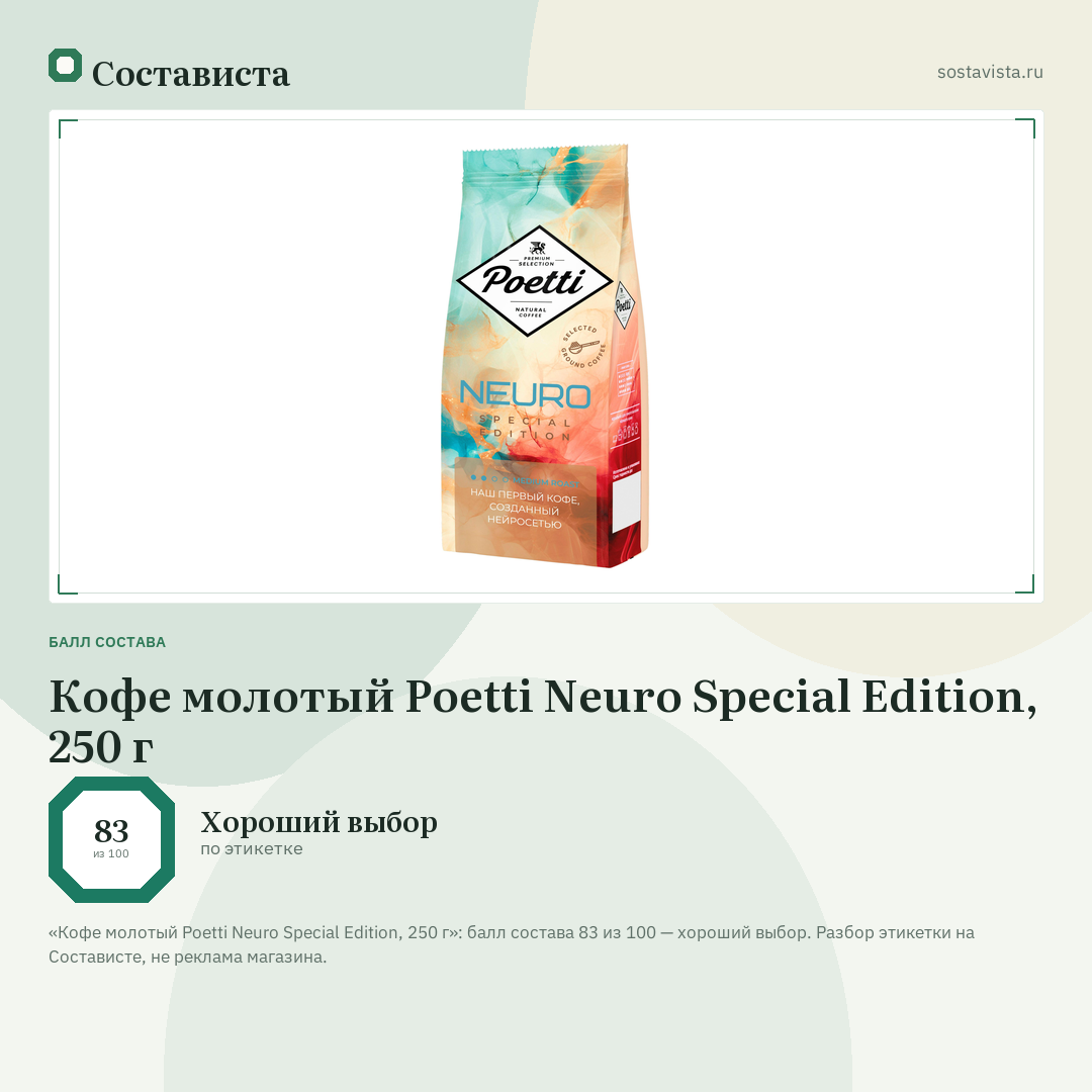 Кофе молотый Poetti Neuro Special Edition, 250 г: балл состава 83 из 100 — Состависта