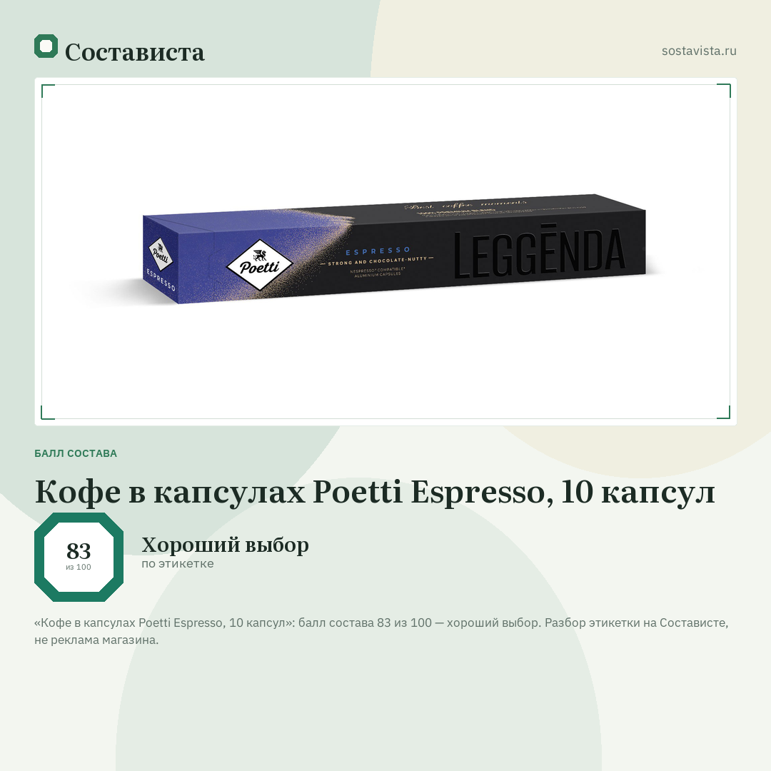 Кофе в капсулах Poetti Espresso, 10 капсул: балл состава 83 из 100 — Состависта