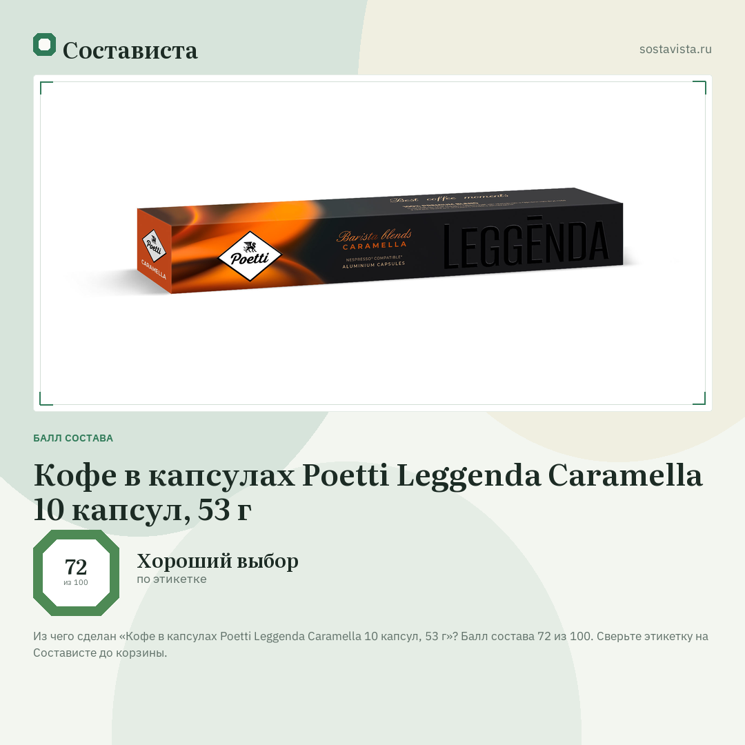 Кофе в капсулах Poetti Leggenda Caramella 10 капсул, 53 г: балл состава 72 из 100 — Состависта