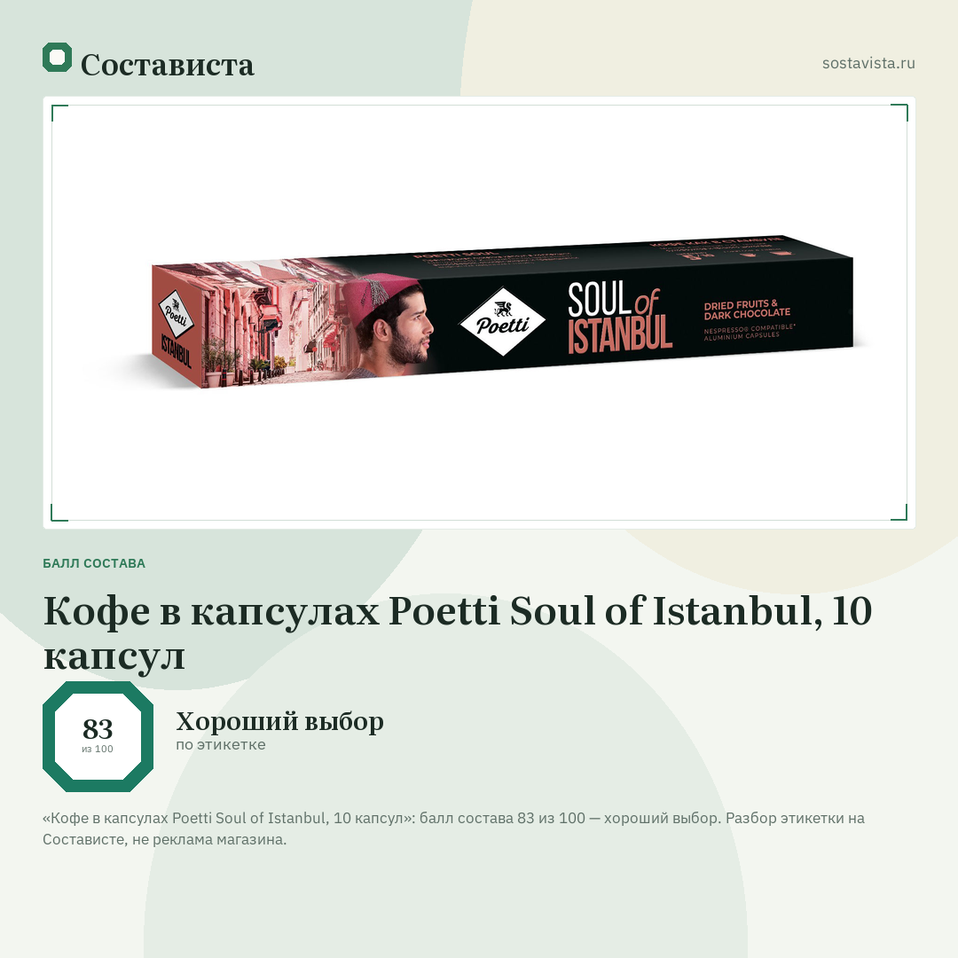 Кофе в капсулах Poetti Soul of Istanbul, 10 капсул: балл состава 83 из 100 — Состависта