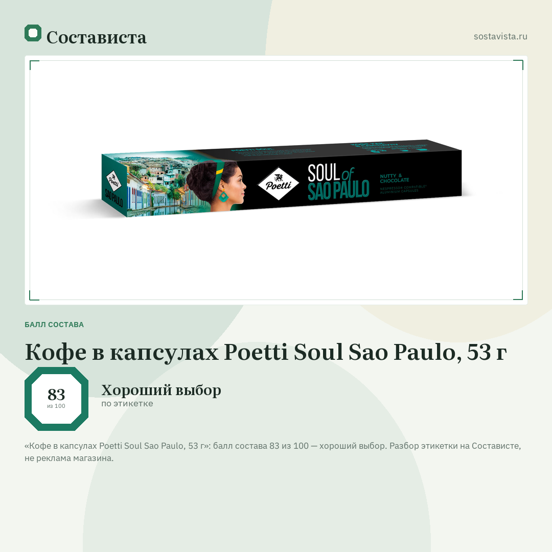 Кофе в капсулах Poetti Soul Sao Paulo, 53 г: балл состава 83 из 100 — Состависта