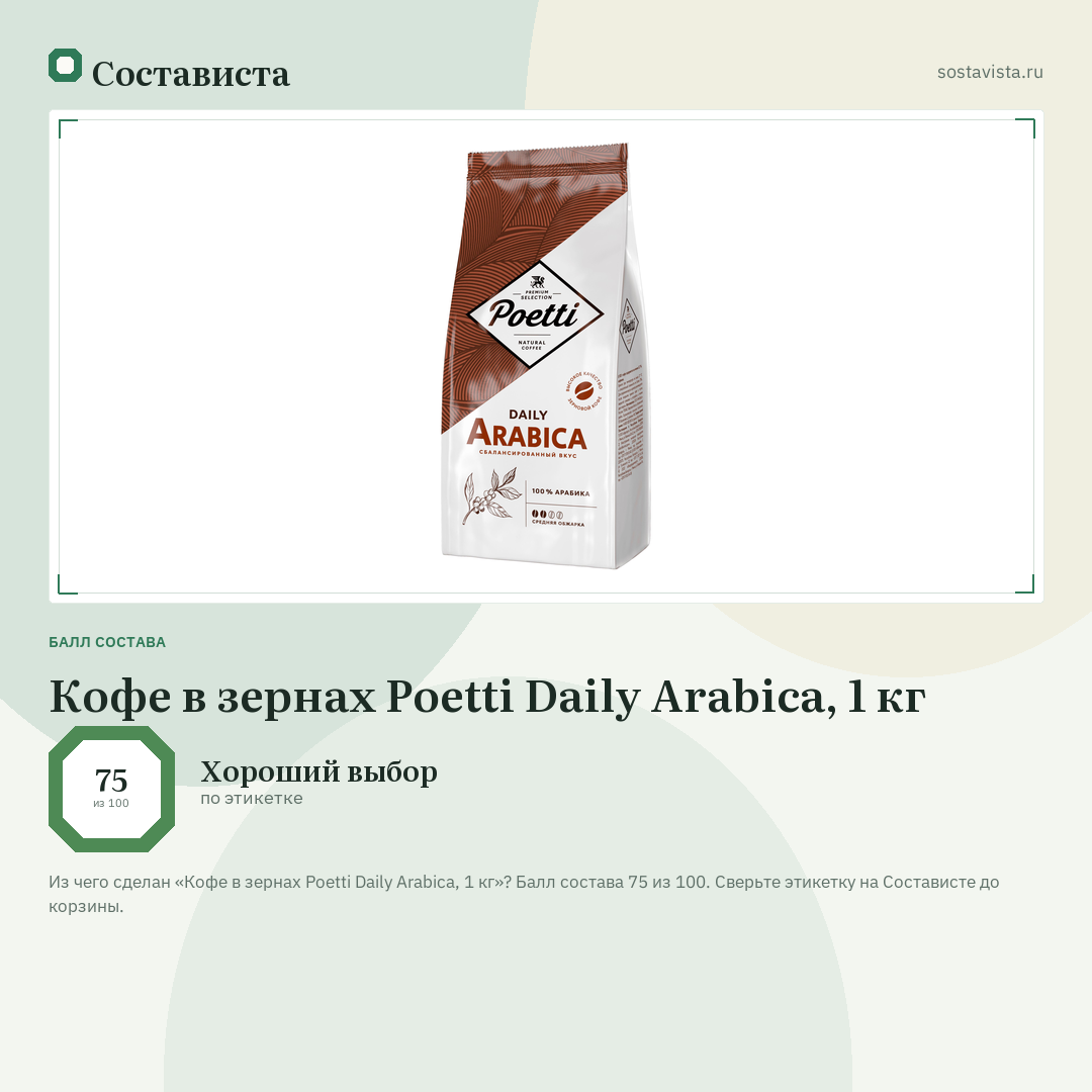 Кофе в зернах Poetti Daily Arabica, 1 кг: балл состава 75 из 100 — Состависта