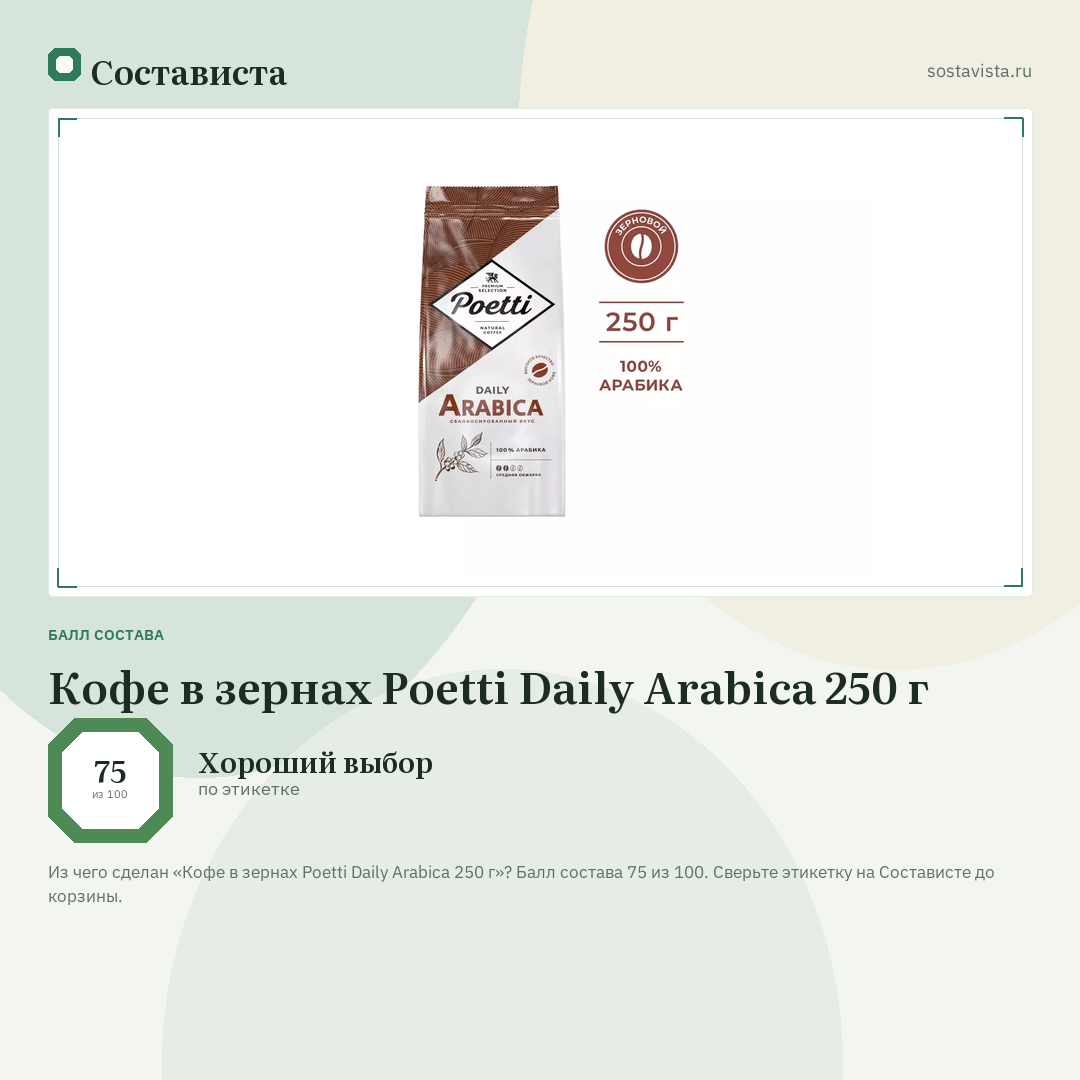 Кофе в зернах Poetti Daily Arabica 250 г: балл состава 75 из 100 — Состависта