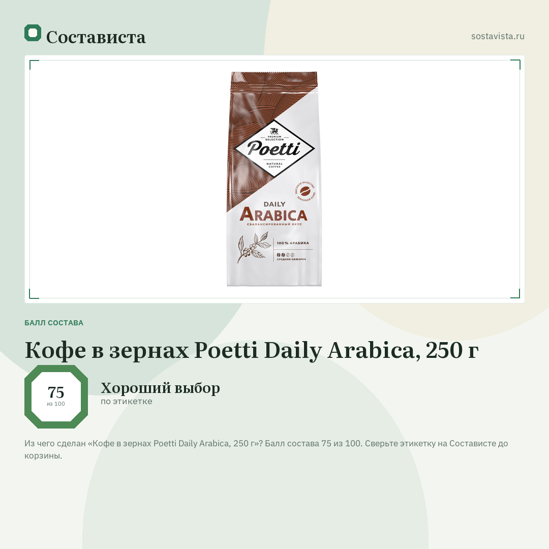 Кофе в зернах Poetti Daily Arabica, 250 г: балл состава 75 из 100 — Состависта