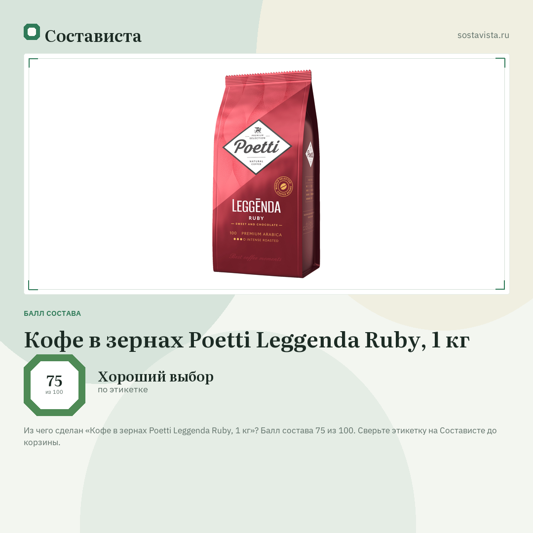 Кофе в зернах Poetti Leggenda Ruby, 1 кг: балл состава 75 из 100 — Состависта