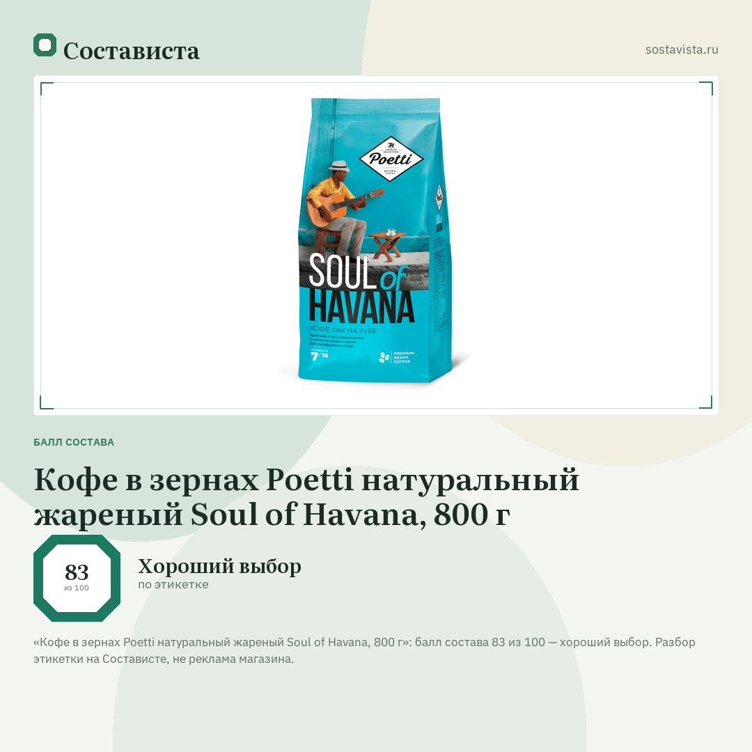 Кофе в зернах Poetti натуральный жареный Soul of Havana, 800 г: балл состава 83 из 100 — Состависта
