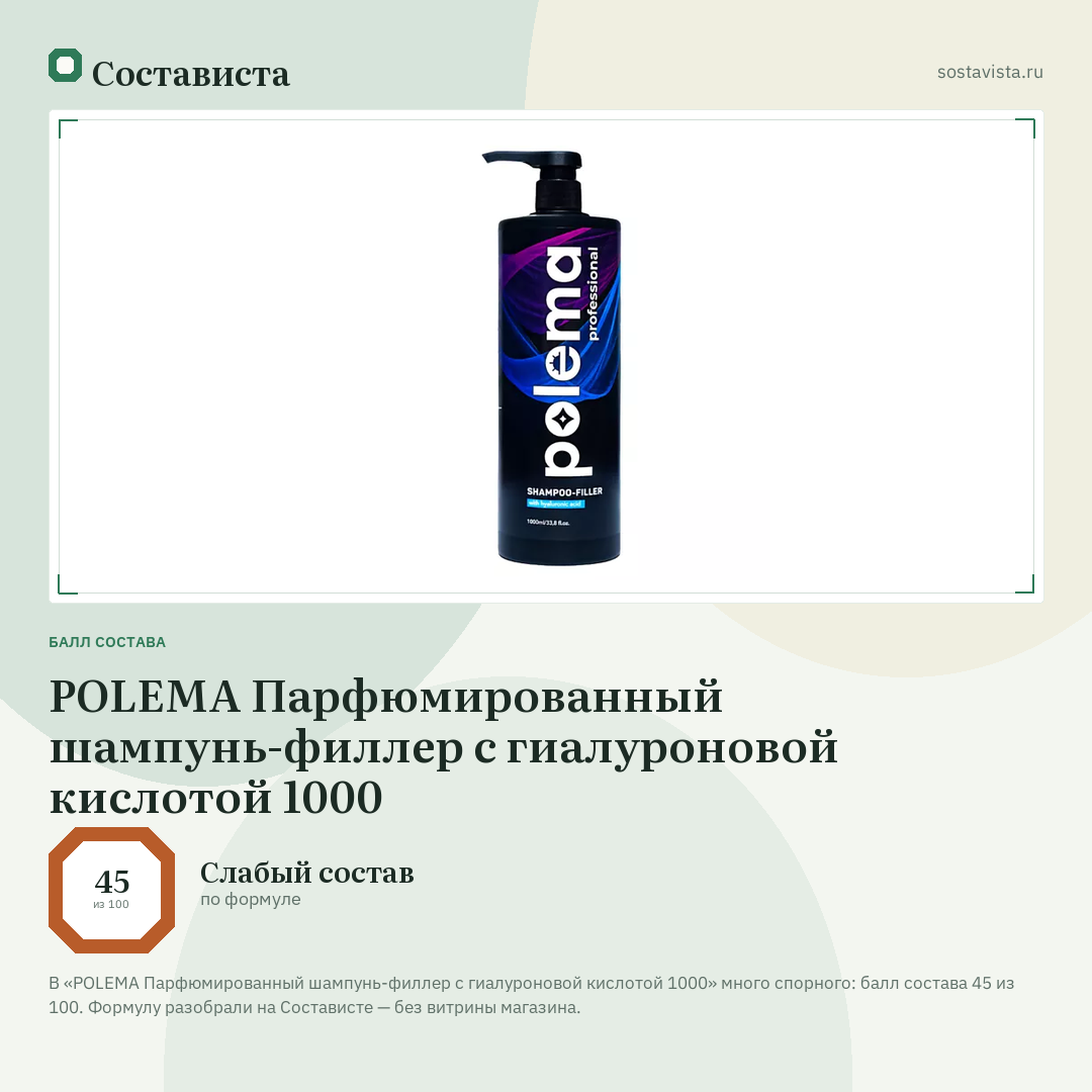 POLEMA Парфюмированный шампунь-филлер с гиалуроновой кислотой 1000: балл состава 45 из 100 — Состависта