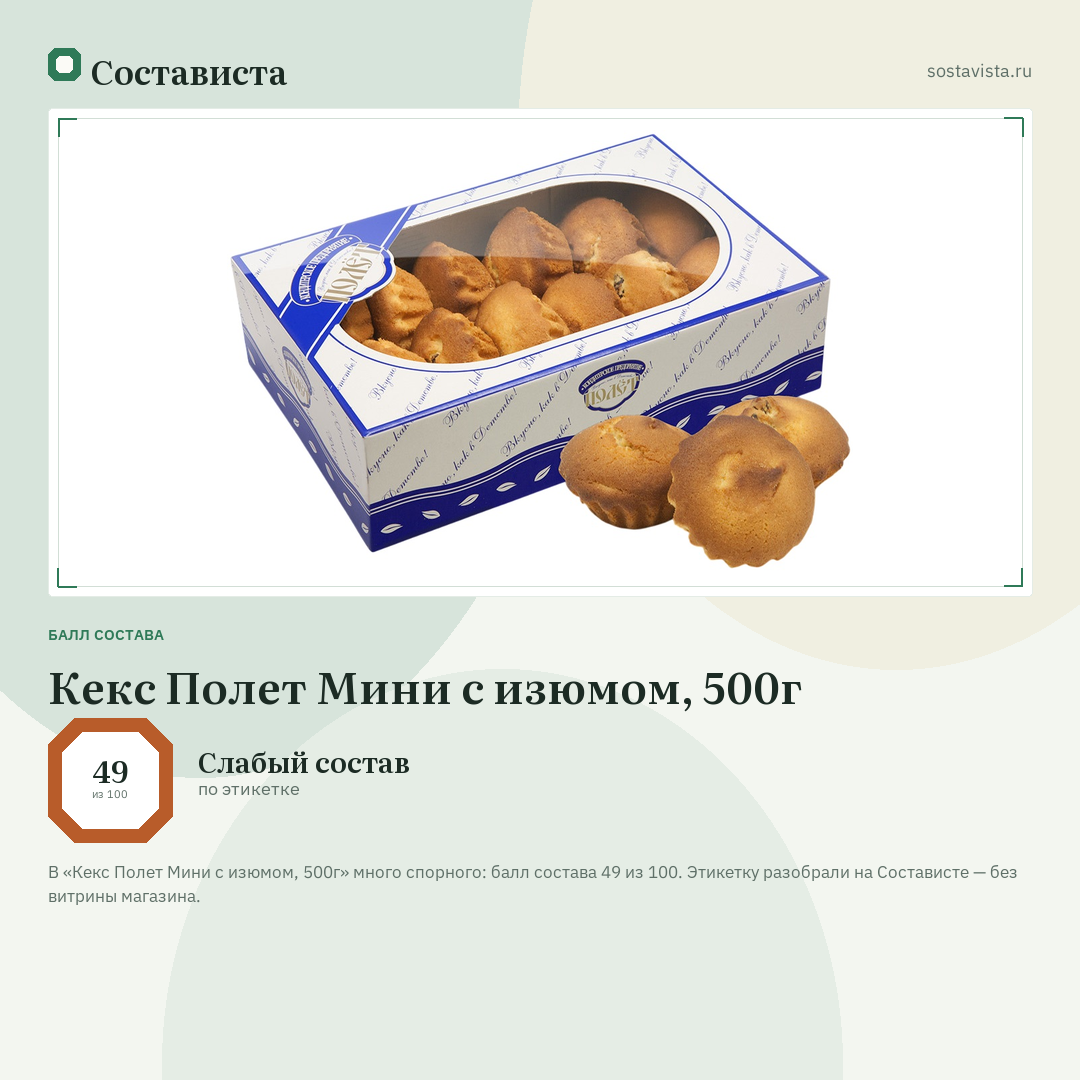 Кекс Полет Мини с изюмом, 500г: балл состава 49 из 100 — Состависта