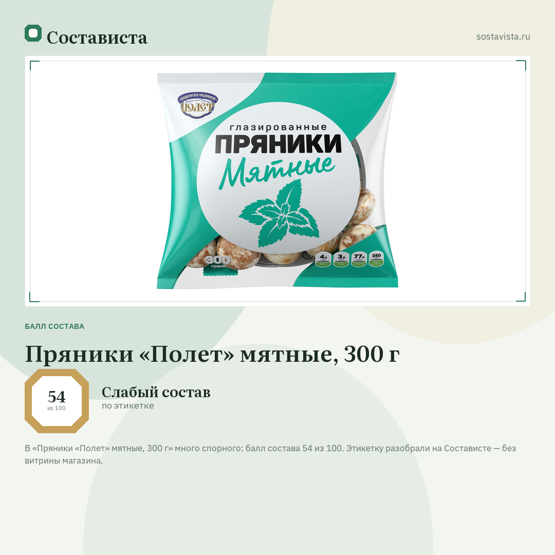 Пряники «Полет» мятные, 300 г: балл состава 54 из 100 — Состависта